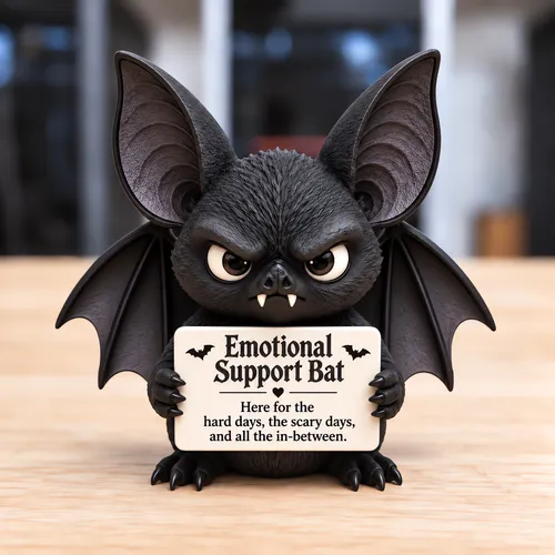 Bat style with oversized ears, wings, and an encouraging sign