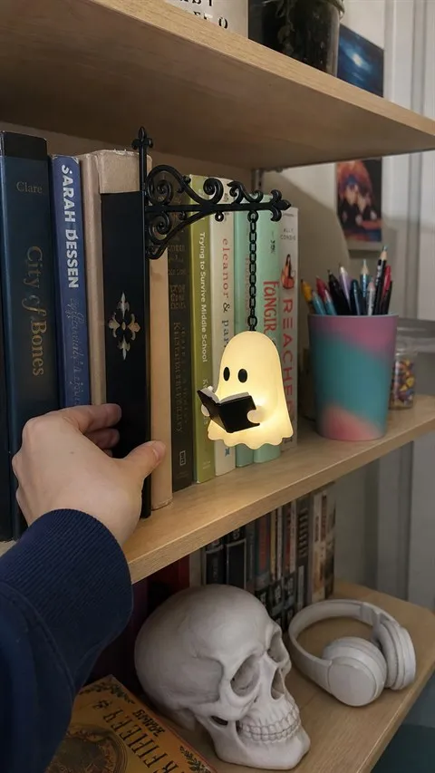 Reading Ghost design on a colorful bedroom shelf