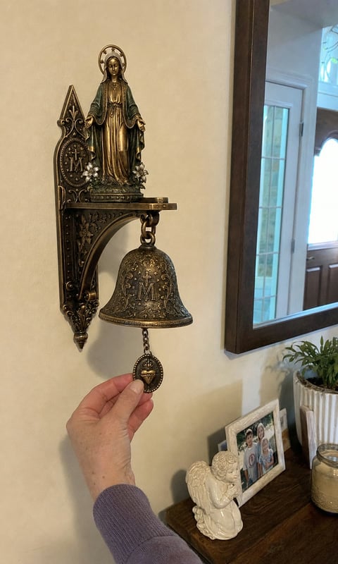 Our Lady wall bell beside a family entryway table as a hand touches the hanging medal