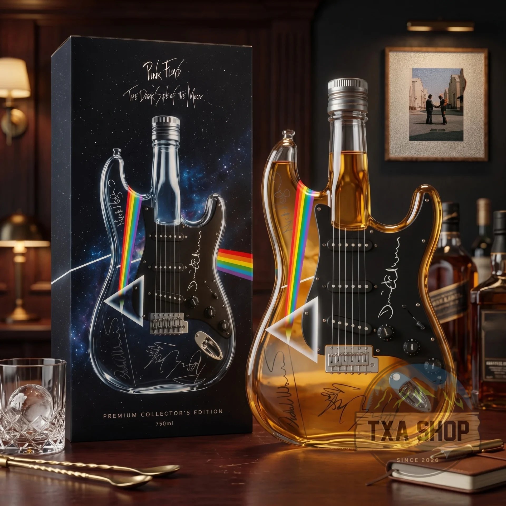 Pink Floyd Dark Side of the Moon Guitar Shaped Whiskey Bottle - Front View