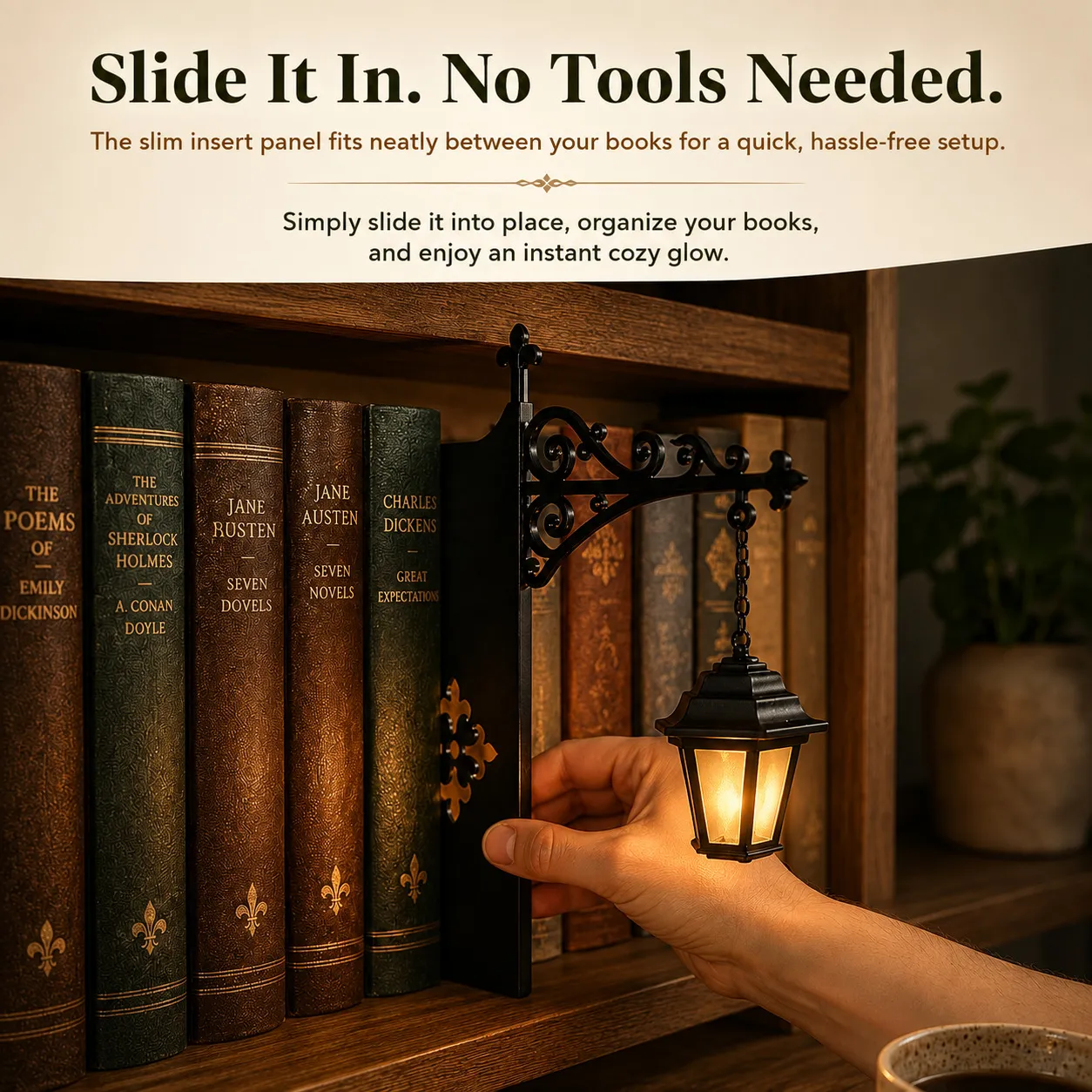Slim vintage lantern insert sliding between books without tools