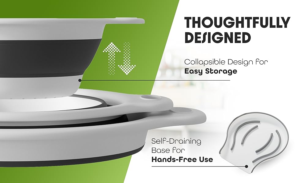 collapsible design for easy storage self-draining base for hands free use 