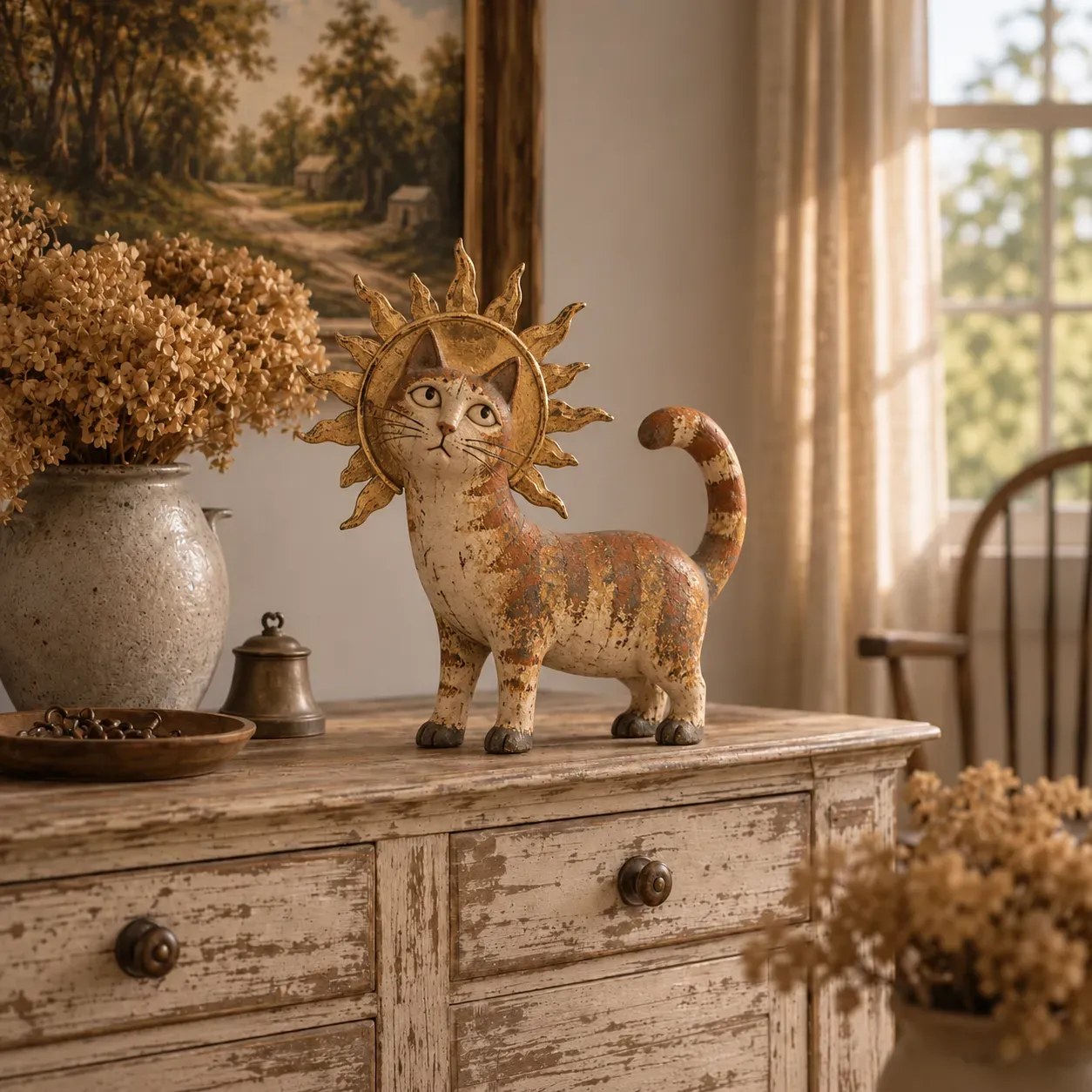 Sun Halo medieval cat figurine with vintage-inspired finish