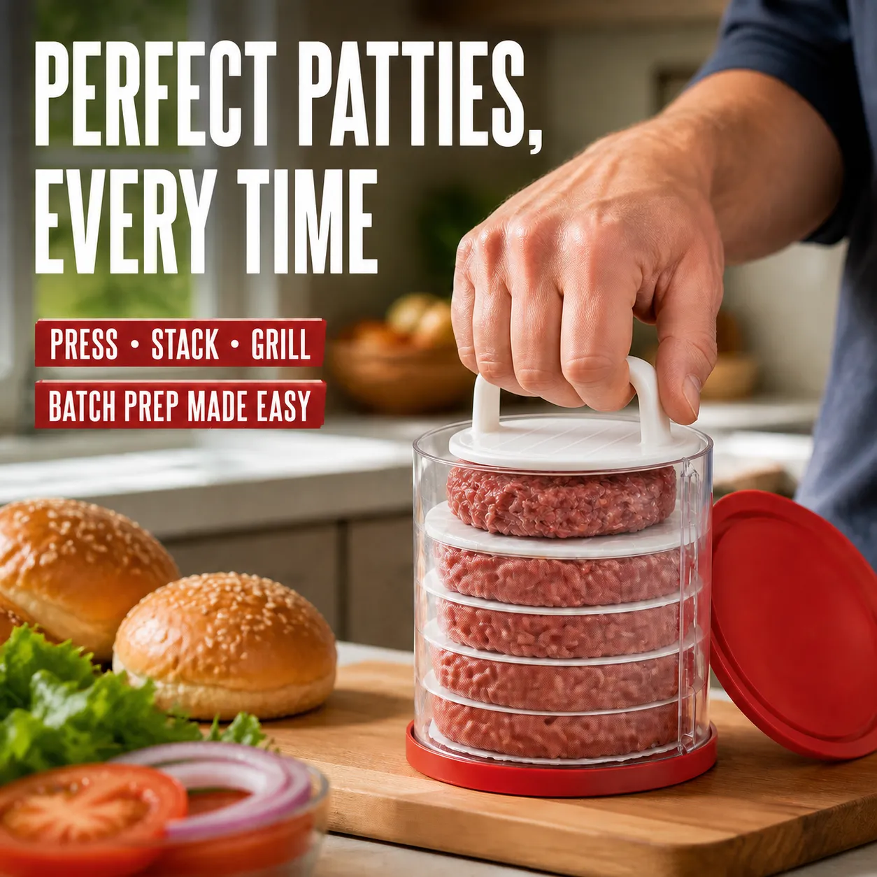 Manual burger patty maker pressing and stacking evenly shaped patties