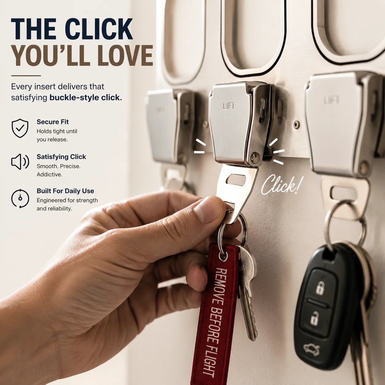 Aircraft buckle-style key holder action