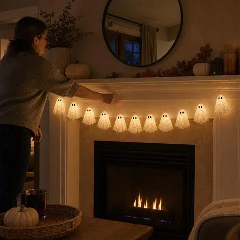 Parent adjusting warm white lace ghost lights over a living room mantel