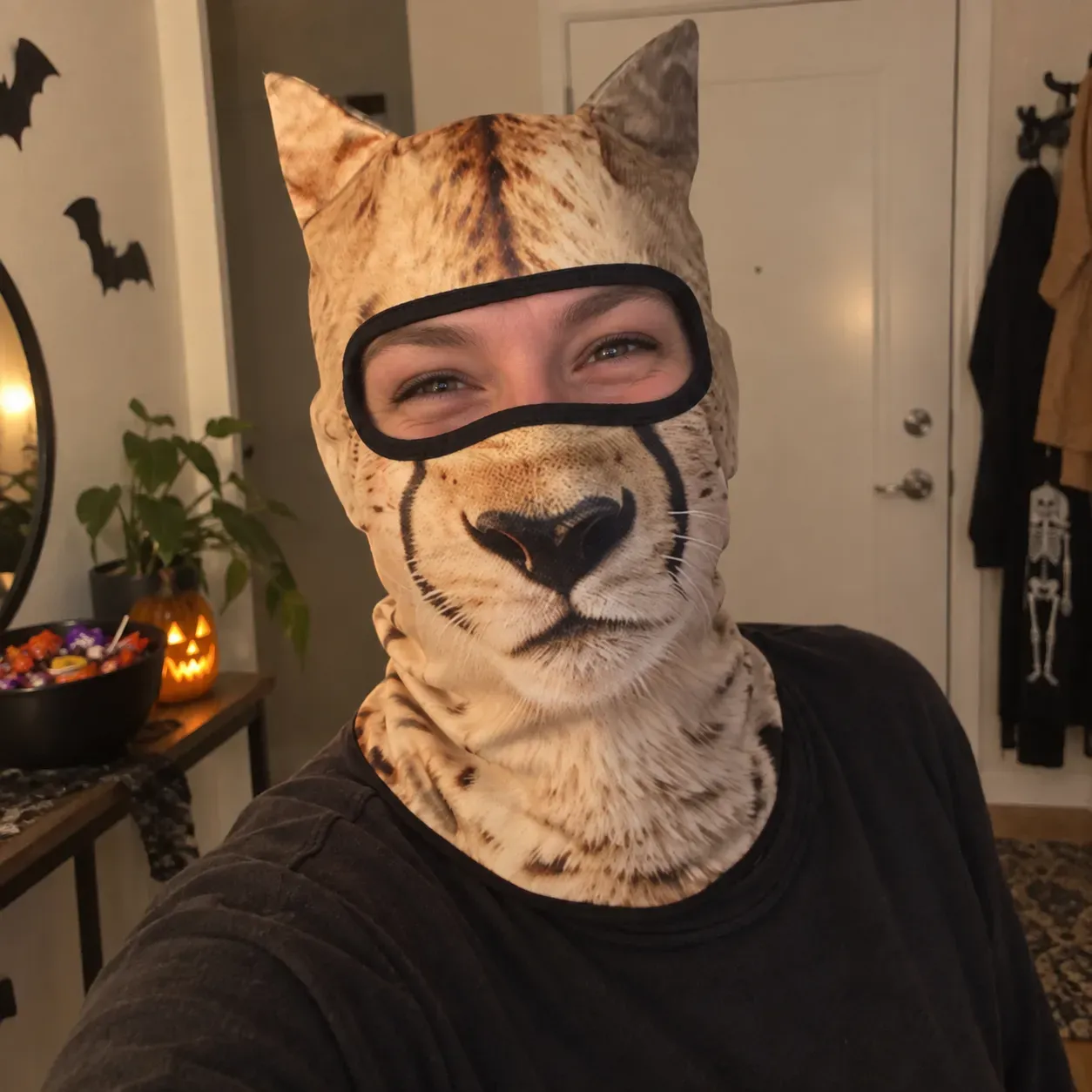 Lion animal hood in a casual Halloween apartment snapshot