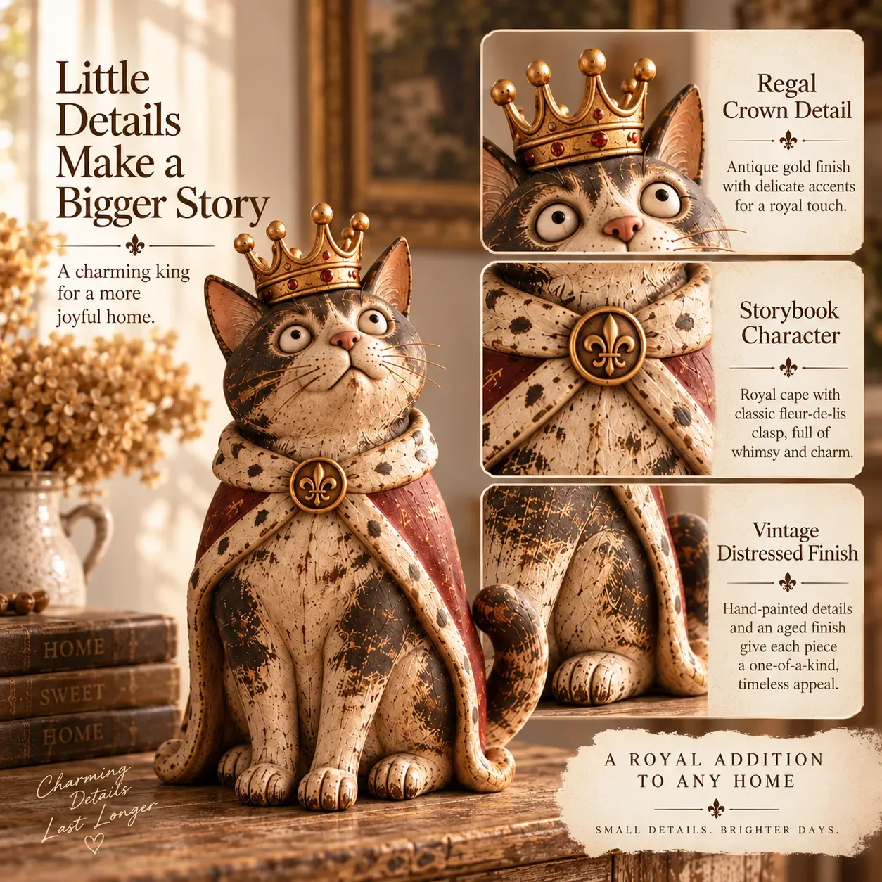 Crowned King details showing the crown, fleur-de-lis clasp and distressed vintage-inspired finish