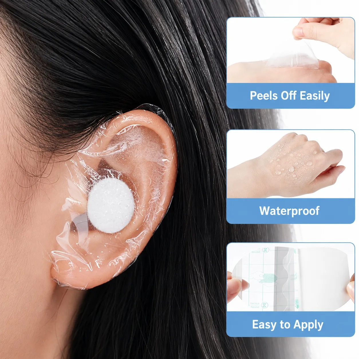 Water beading on a clear ear patch and an easy-peel edge