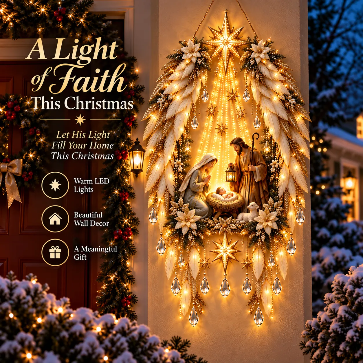 Nativity wall decoration with golden lights and ivory wings in a festive doorway scene