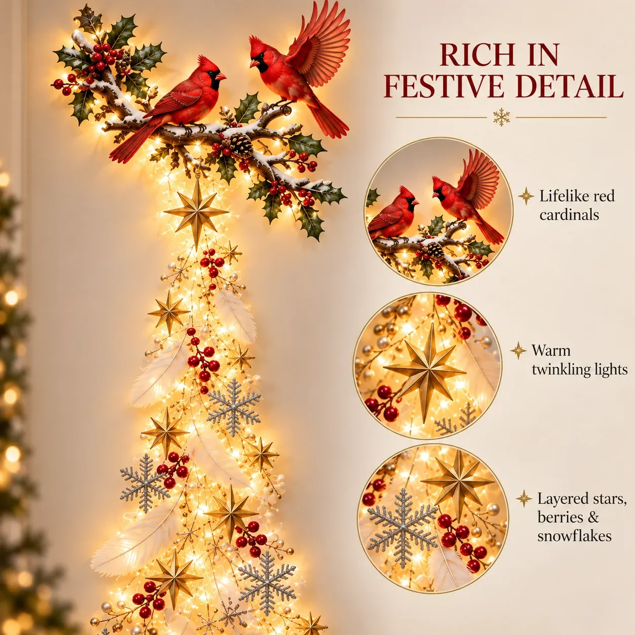 Glowing cardinal blessing wall decoration in a cozy Christmas living room