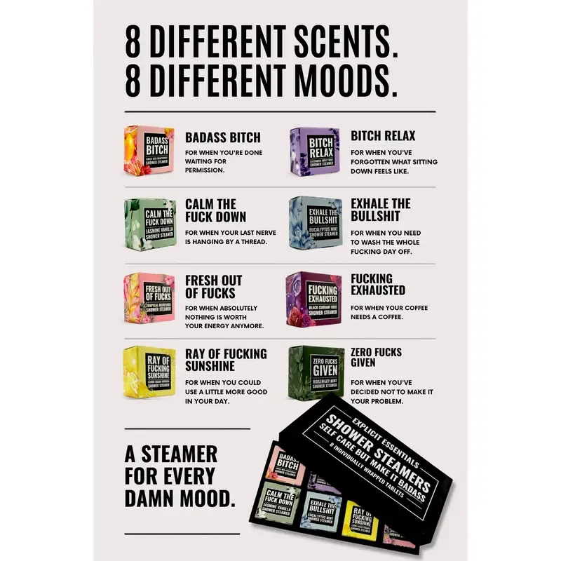 Eight different scent varieties in one shower steamer gift set