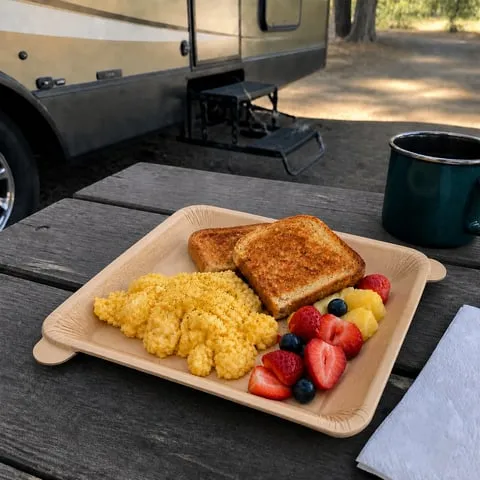 Square layered peel-away plate serving breakfast at an RV campsite