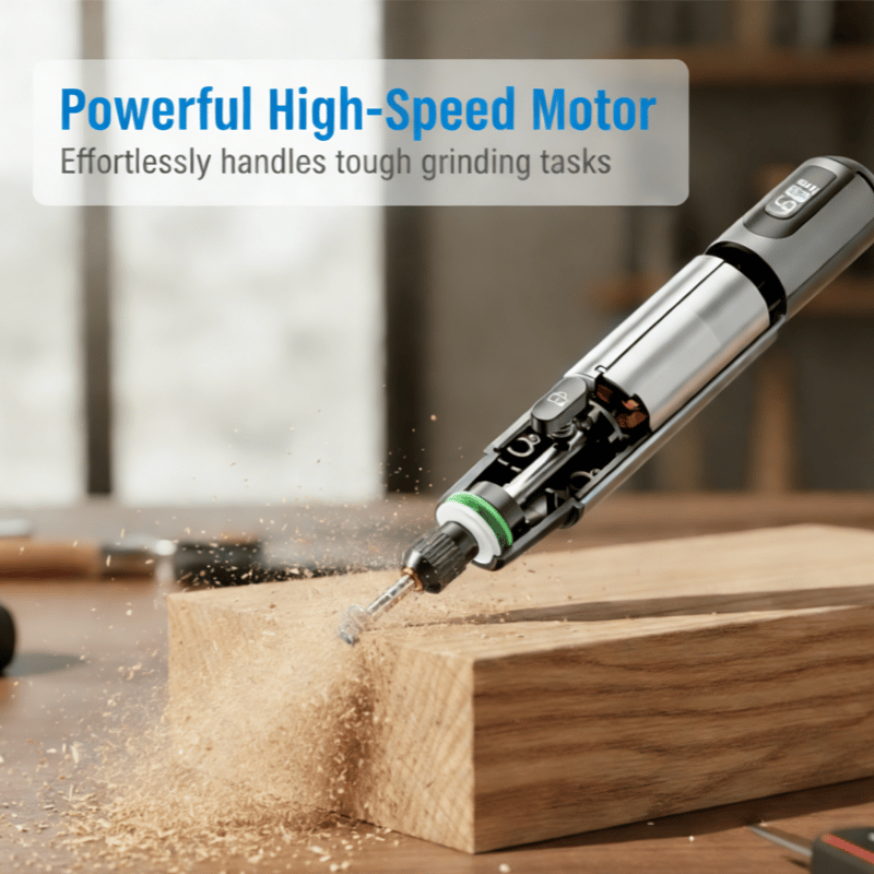 Portable rotary tool grinding a wood surface