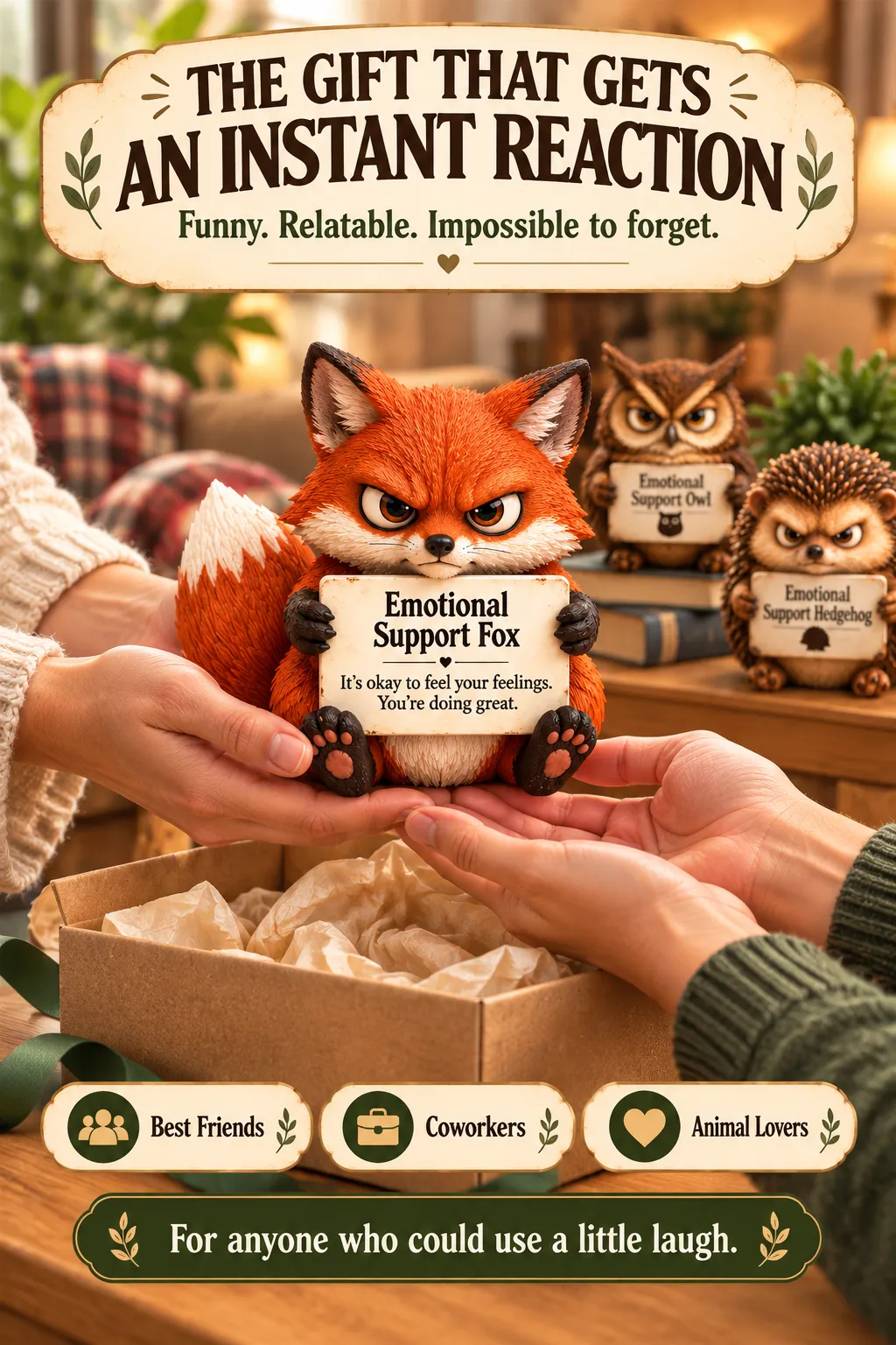 Gift illustration showing the Fox figure being given to another person, with Owl and Hedgehog nearby