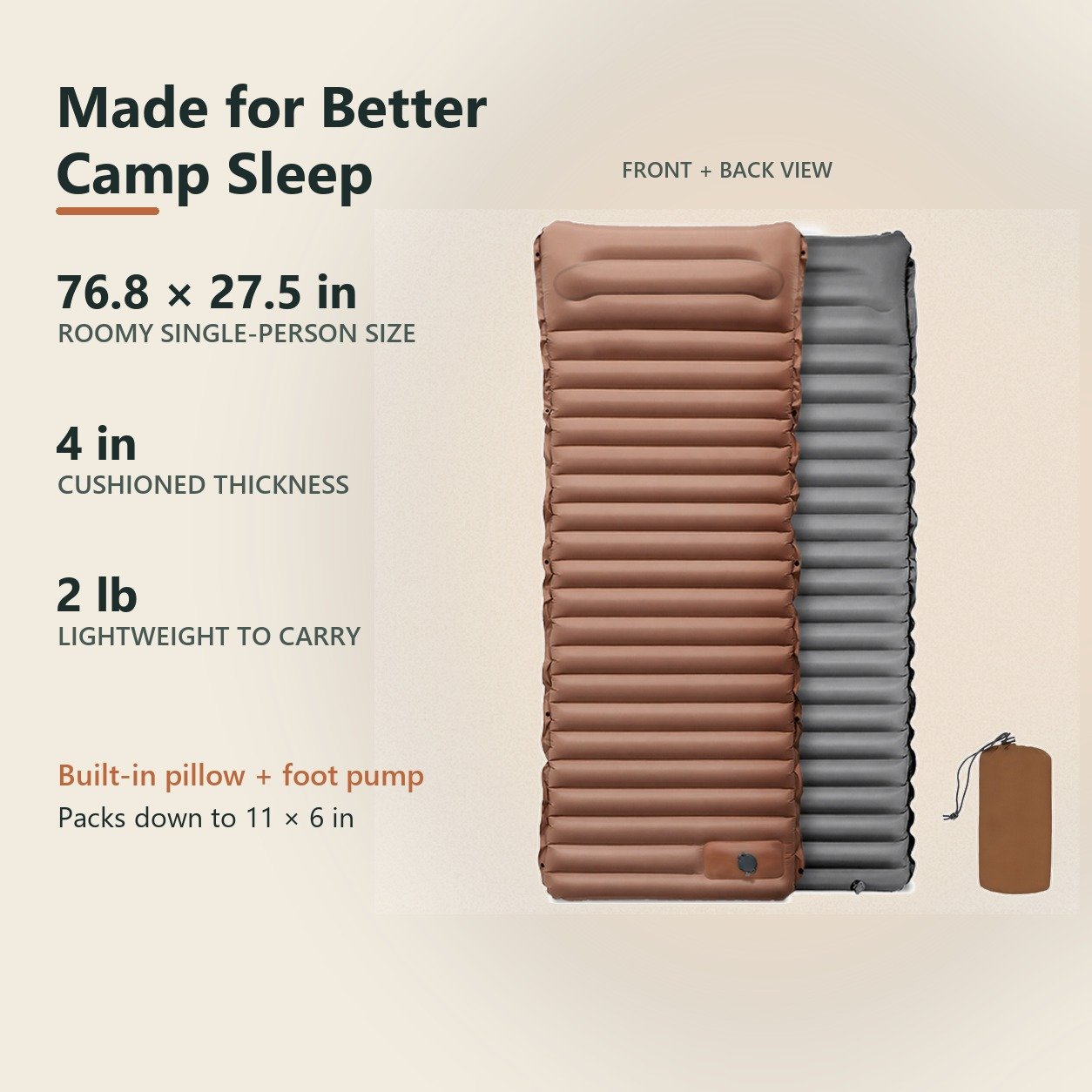 Camping mattress size, thickness, and packed dimensions
