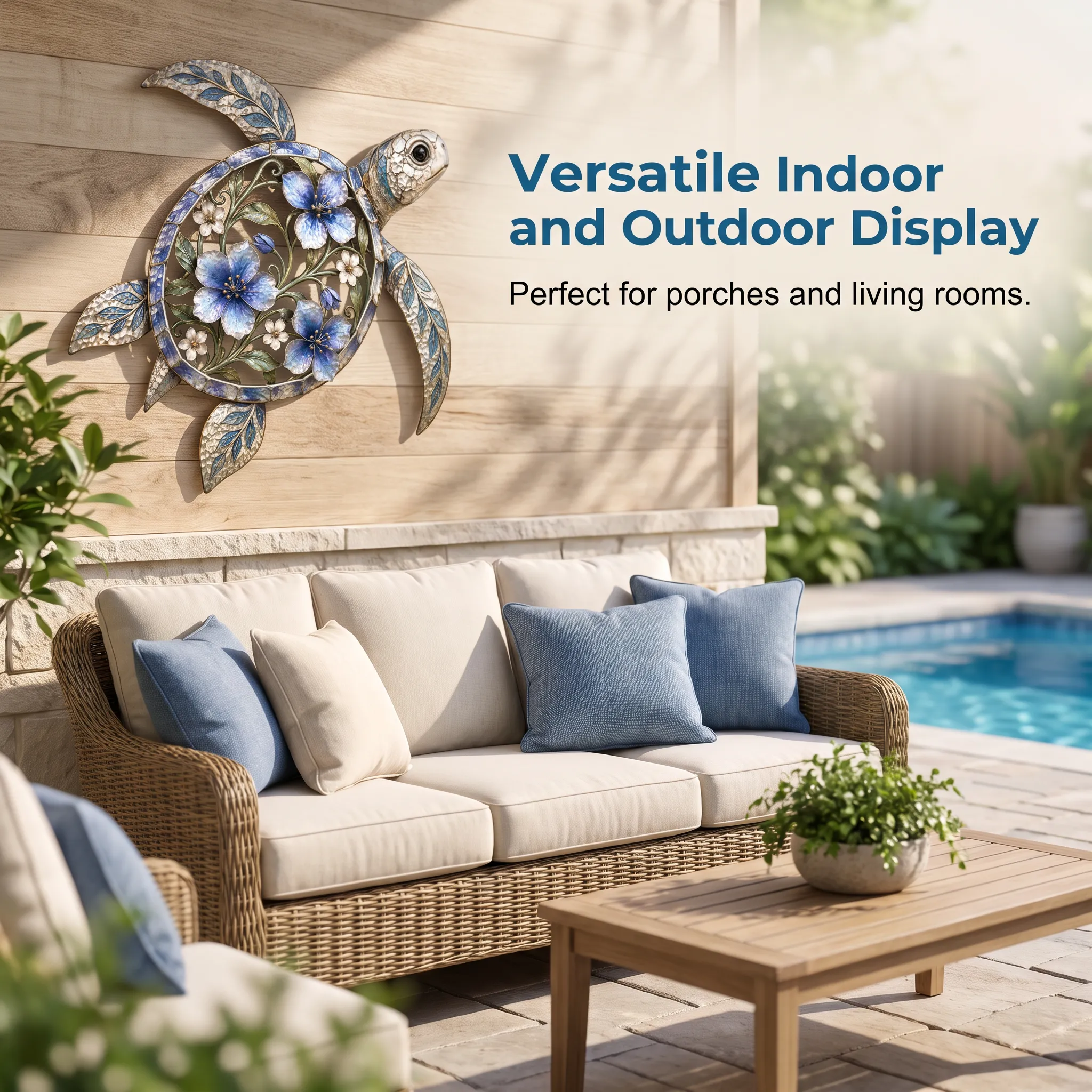 Sea turtle wall sculpture on outdoor wall — indoor and covered outdoor display