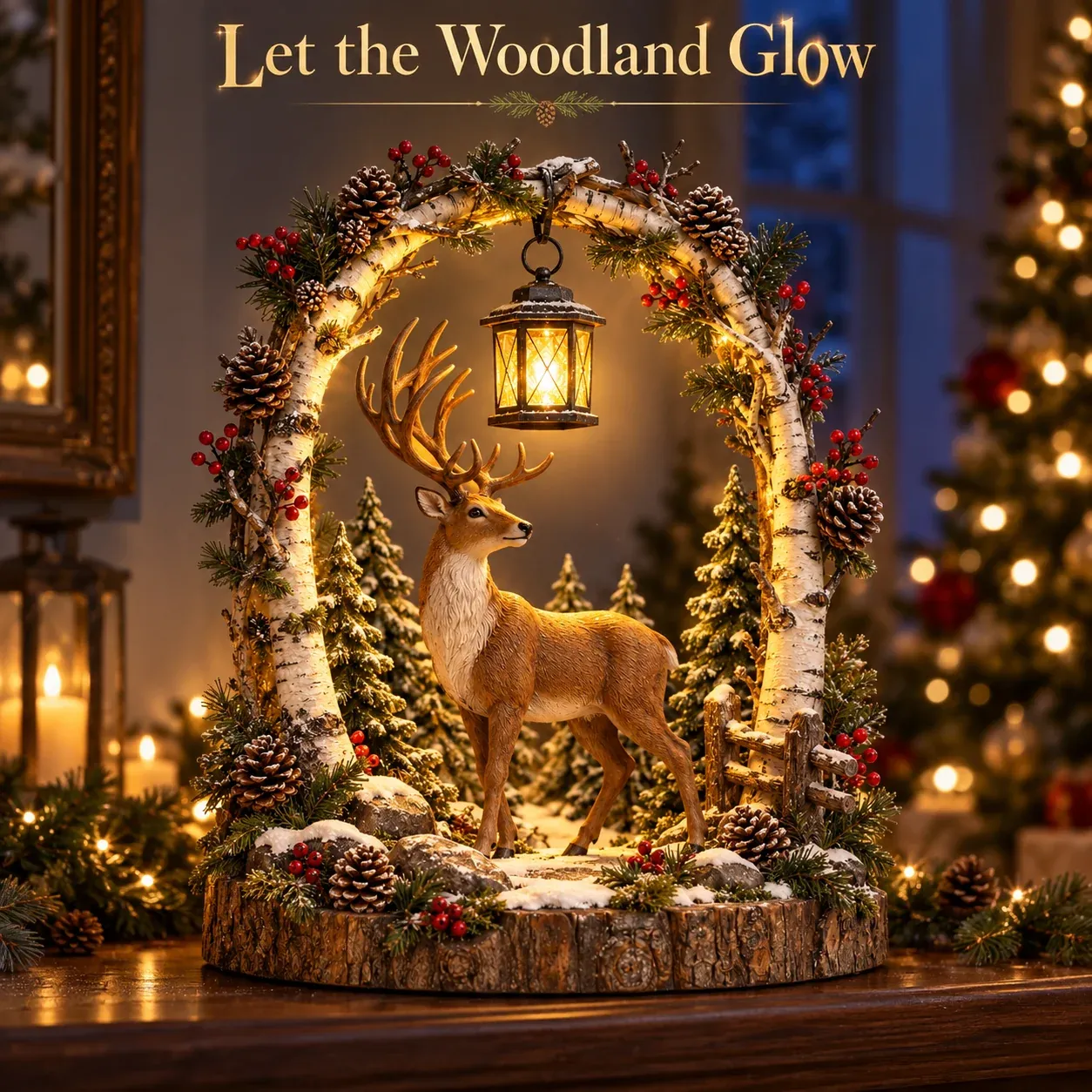 Woodland Reindeer Lantern Illuminated at Night
