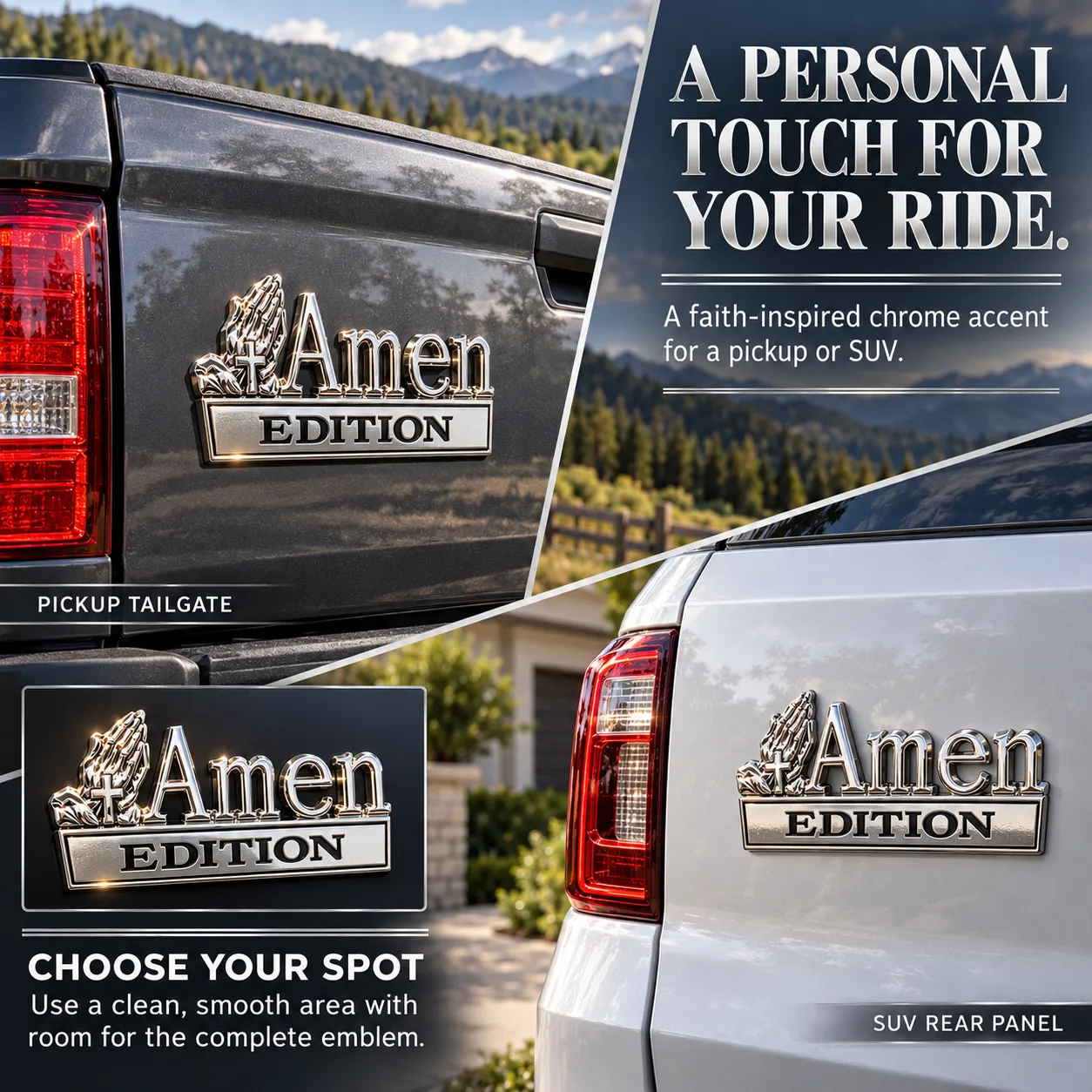 Placement examples of the Amen Edition emblem on a pickup tailgate and SUV rear panel