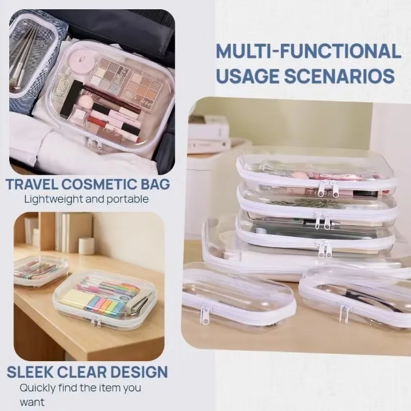 Clear zip organizers used for travel cosmetics, stationery, and everyday storage