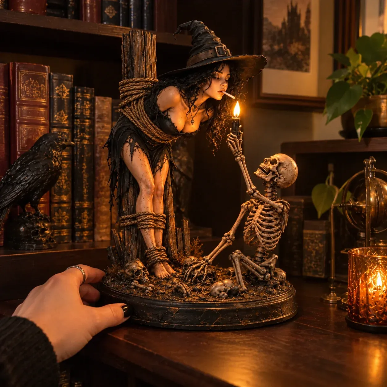 Witch skeleton figurine styled with gothic Halloween decor