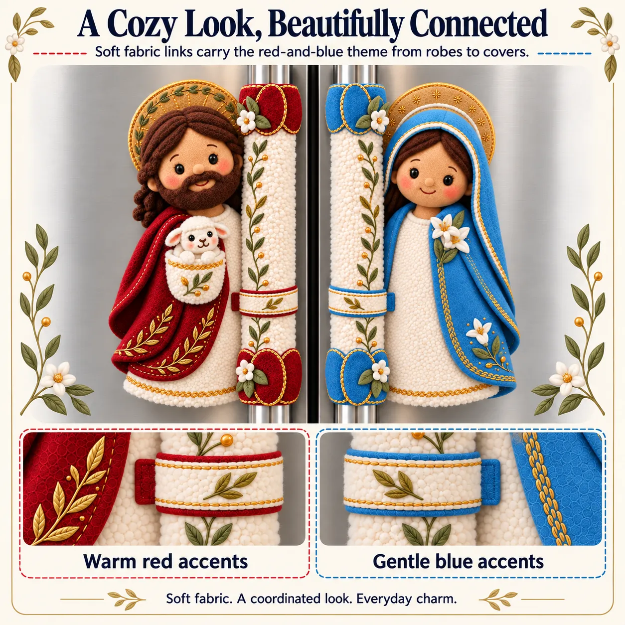 Matching fabric links, embroidered bands and red or blue edging connect the figures to their covers