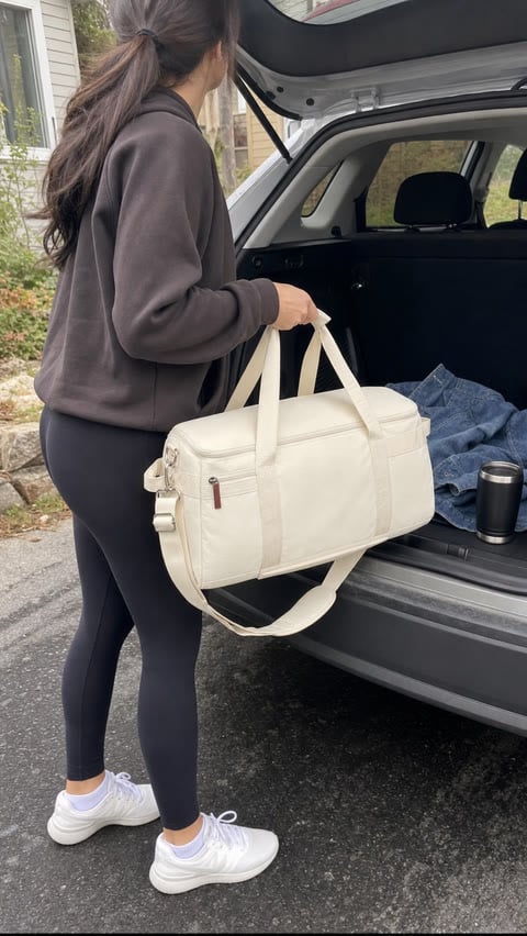 Traveler loading the beige weekender into a car trunk