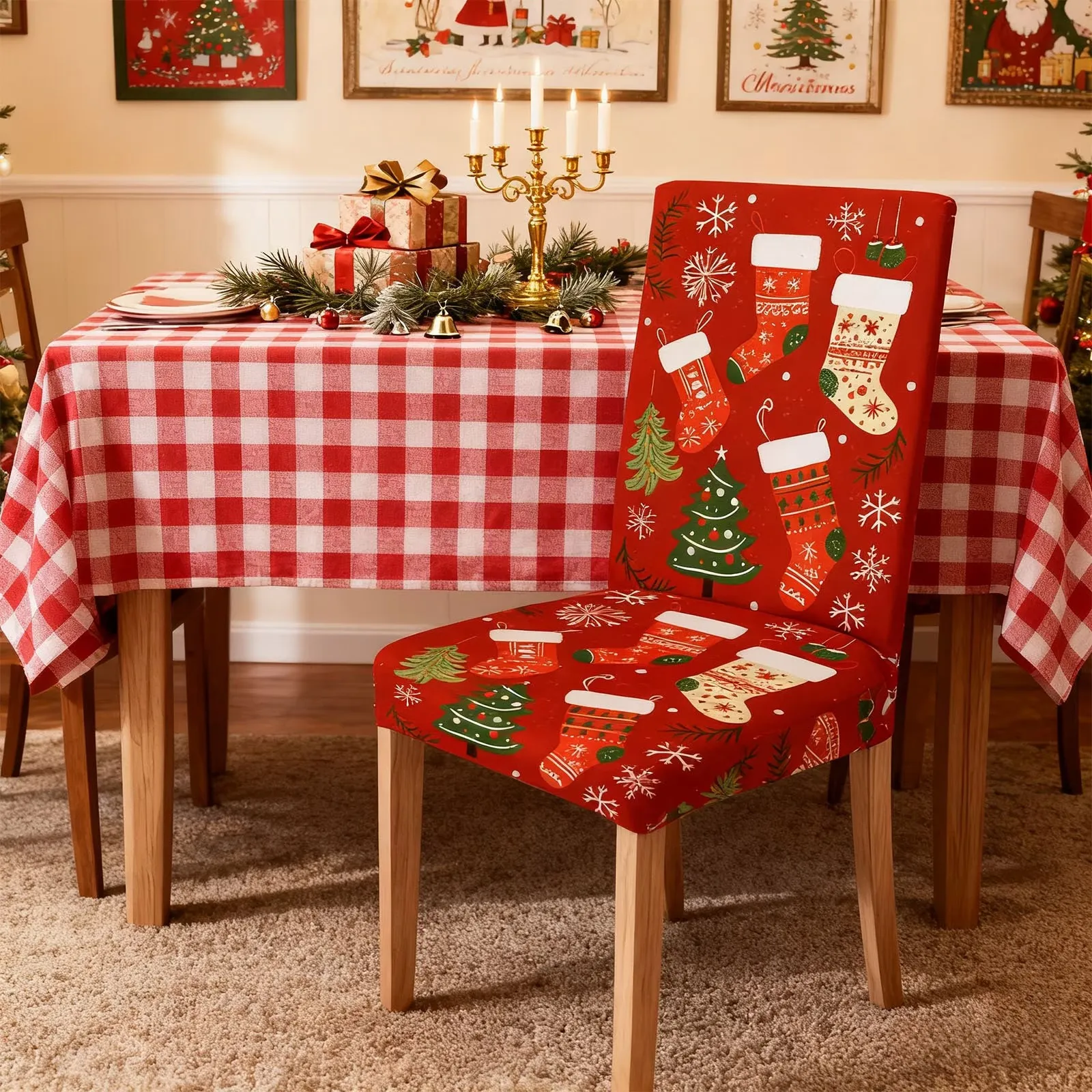 Christmas chair cover beside a holiday dining table