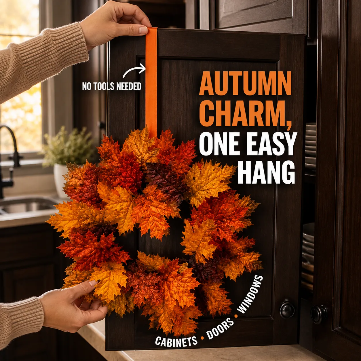 Fall cabinet wreath hanging by an orange ribbon
