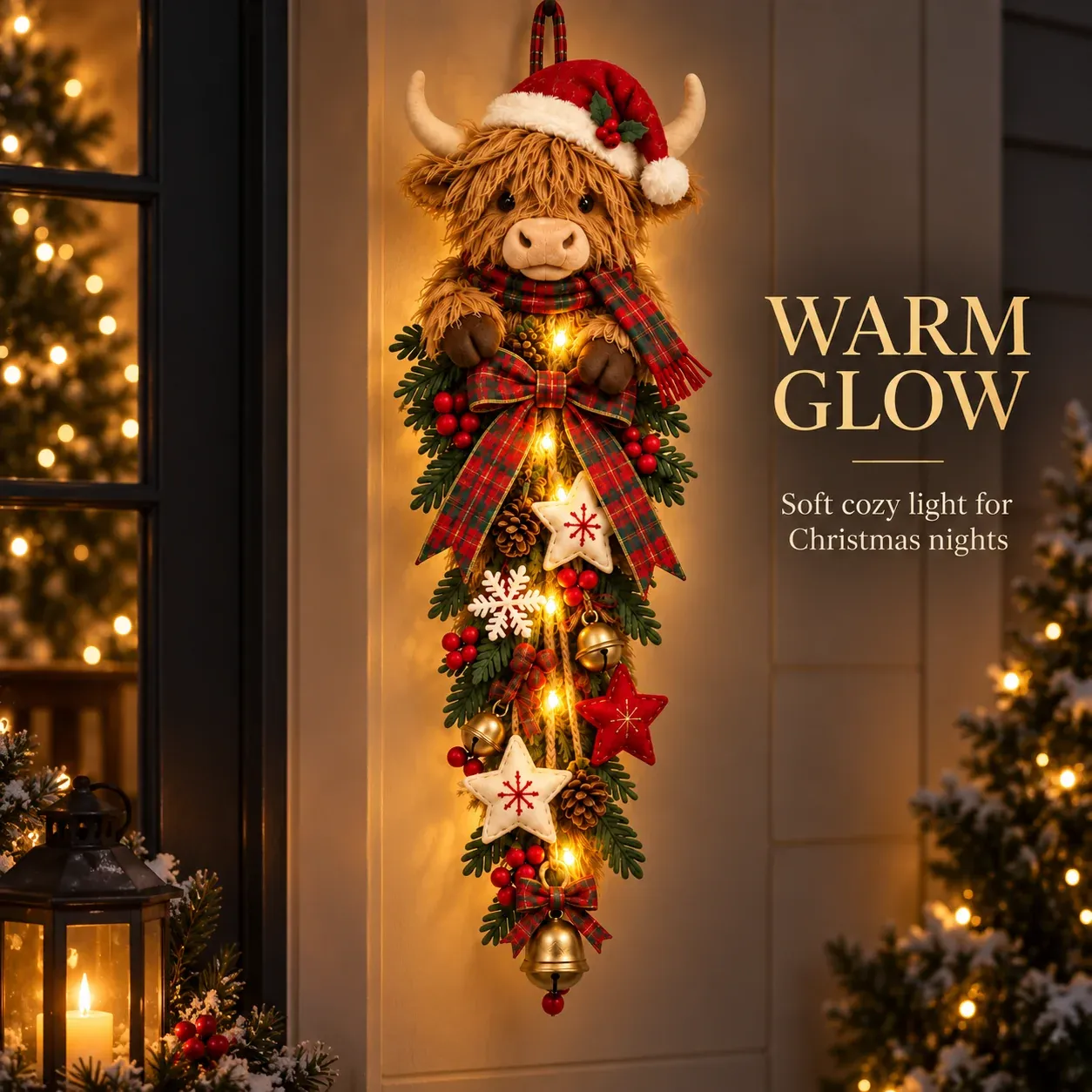 Lighted Highland cow Christmas door swag at night