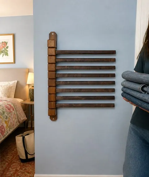 Wood trouser rack on a guest-room wall