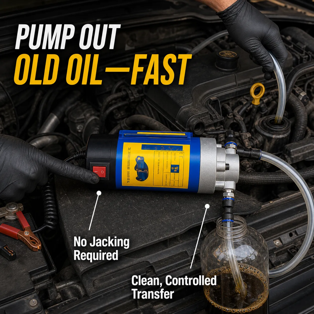 Electric oil extractor pump transferring used engine oil