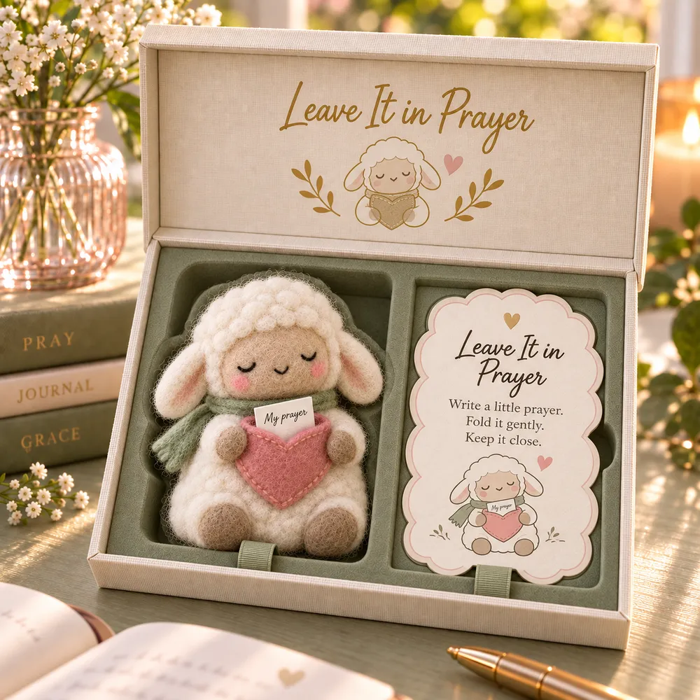 Felt lamb with a written prayer in its pink heart pocket and a matching scalloped card