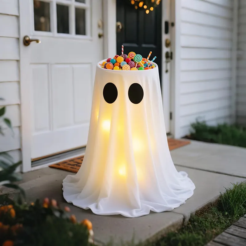 Light-up ghost candy bowl on a clean front porch