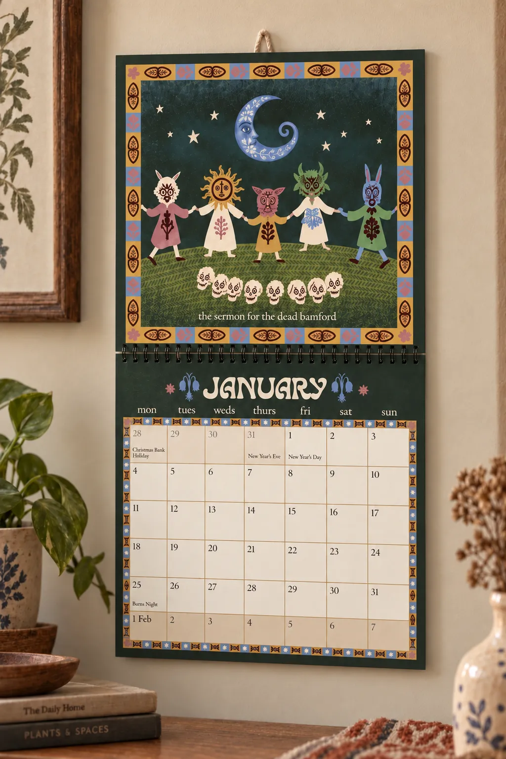 Folklore calendar hanging naturally in a warm home setting