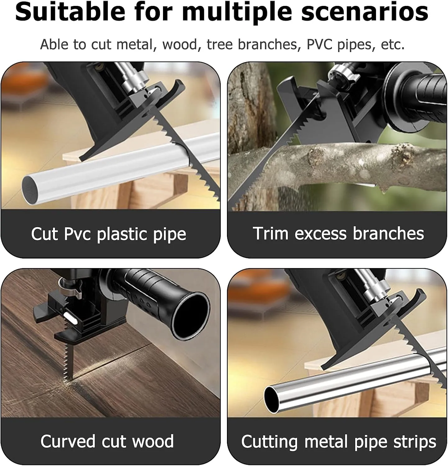 Jigsaw adapter cutting PVC pipe, wood, metal tube, and a branch