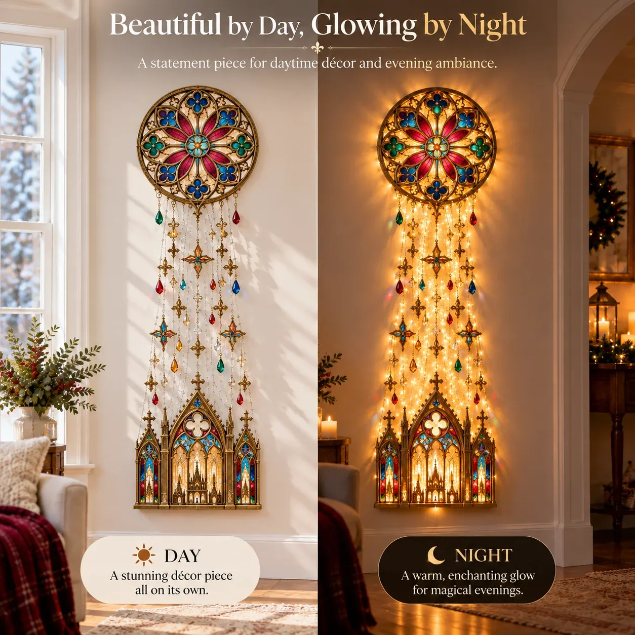 Day and night comparison of cathedral-inspired illuminated wall decoration