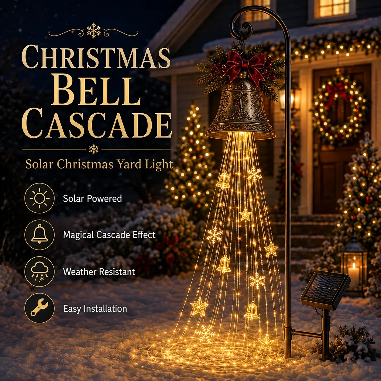 Christmas bell cascade solar yard light glowing in a snowy front yard
