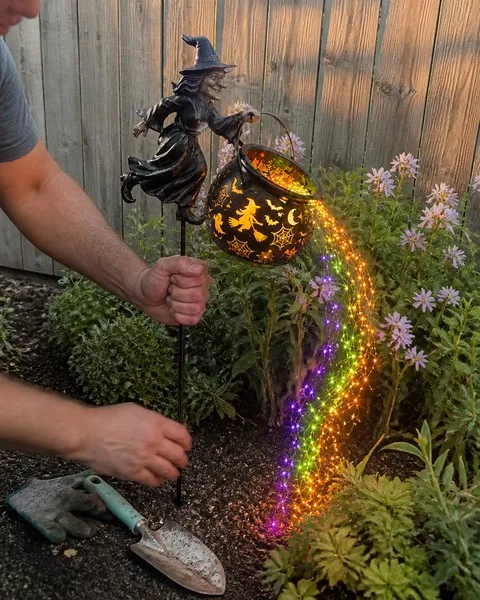 Hands installing the witch cauldron light in garden soil