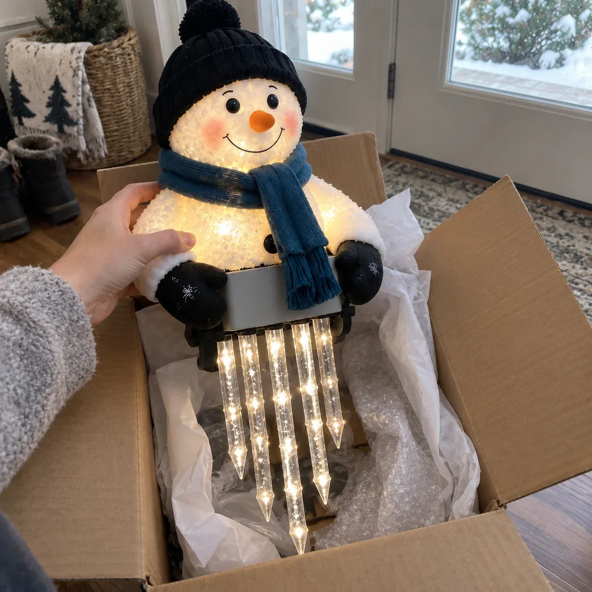 Customer unboxing the snowman Christmas light