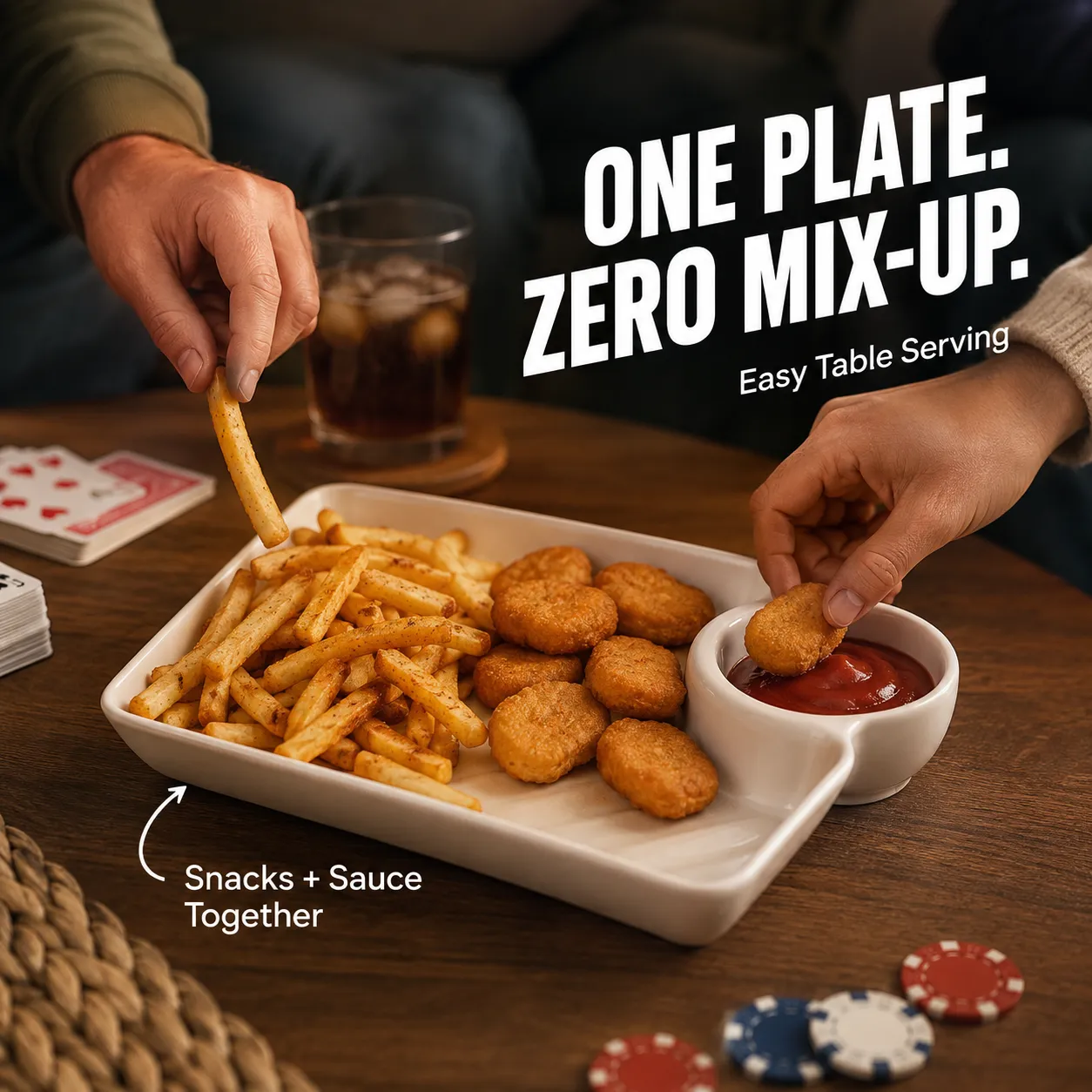 White snack and dip plate on a casual game-night table