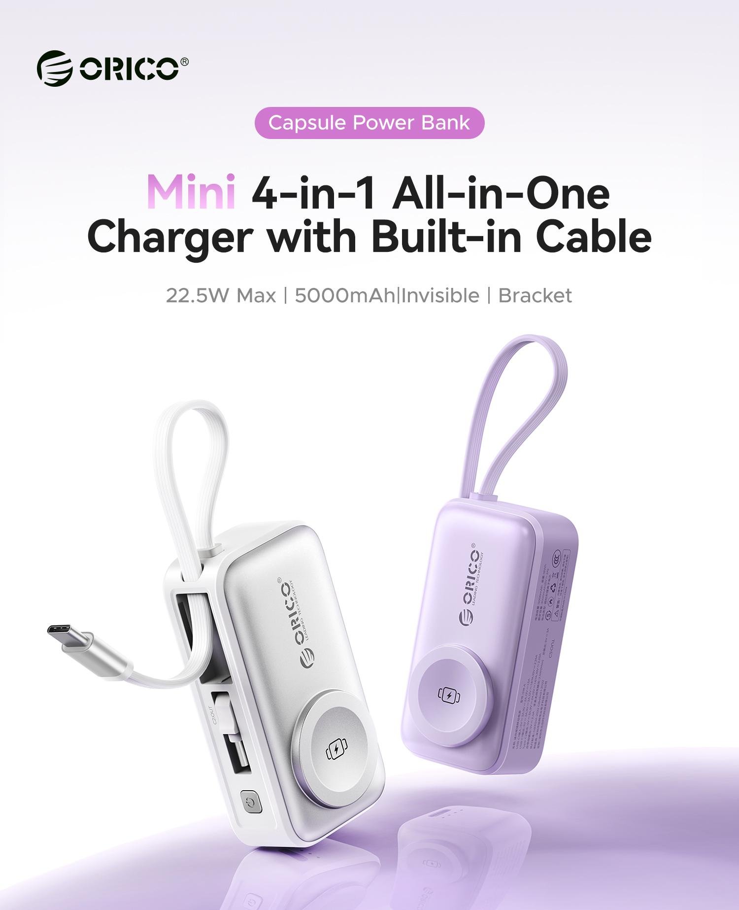 Orico 3-in-1 Portable Power Bank with Integrated Cable, Watch Wireless Charging, and Foldable Wall Plug – Compact Fast-Charge Battery for iPhone & Android - S18