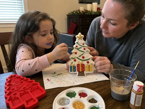 Mother and daughter painting a Christmas tree craft at the dining table