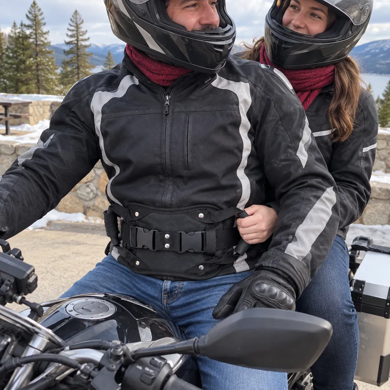 Adult passenger checking the dual-grip waist panel at a winter rest stop Adult passenger checking the dual-grip waist panel at a winter rest stop