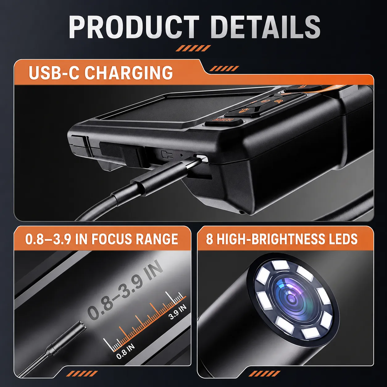 USB-C charging, focus range, and eight LED details