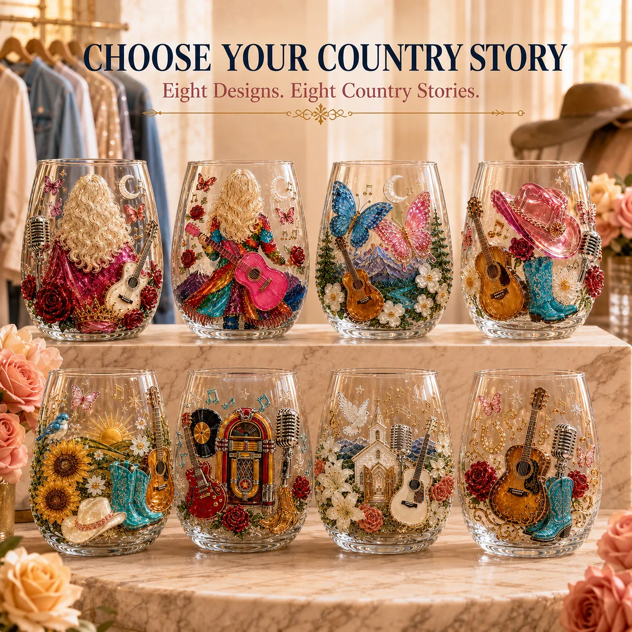 Eight raised country and western 3D glass designs