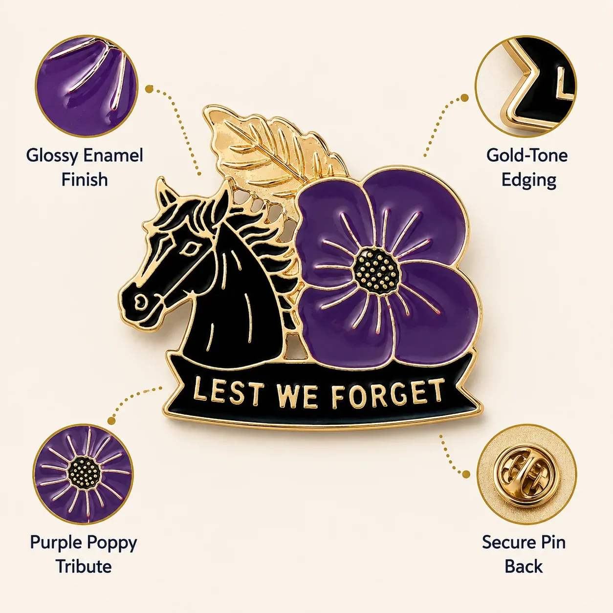 Customer view of the War Horse Purple Poppy Remembrance Brooch