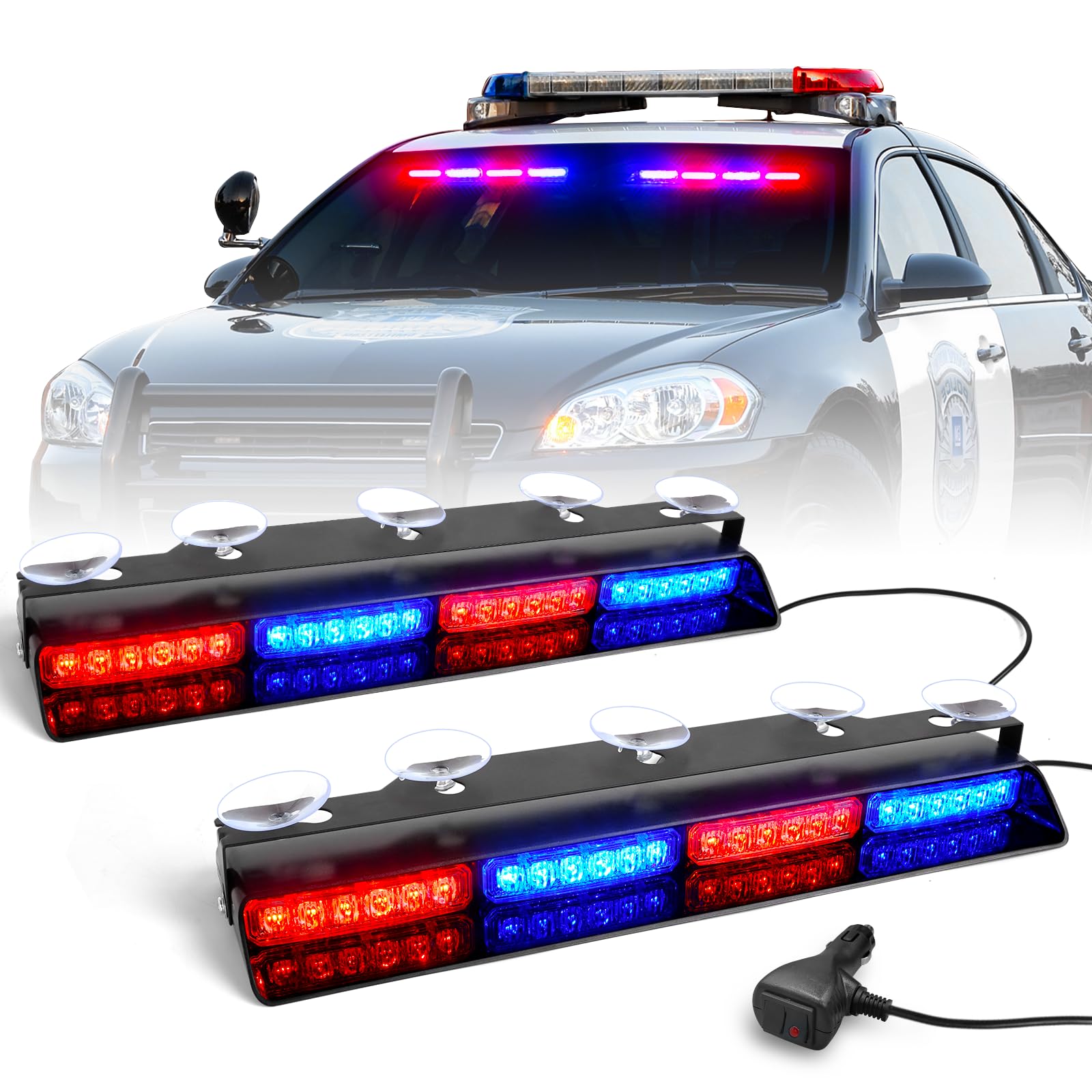 Dual Piece Red and Blue Emergency Dash Warning Light Bar Setup