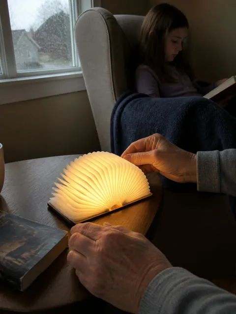 Book light in a family reading nook on a rainy day