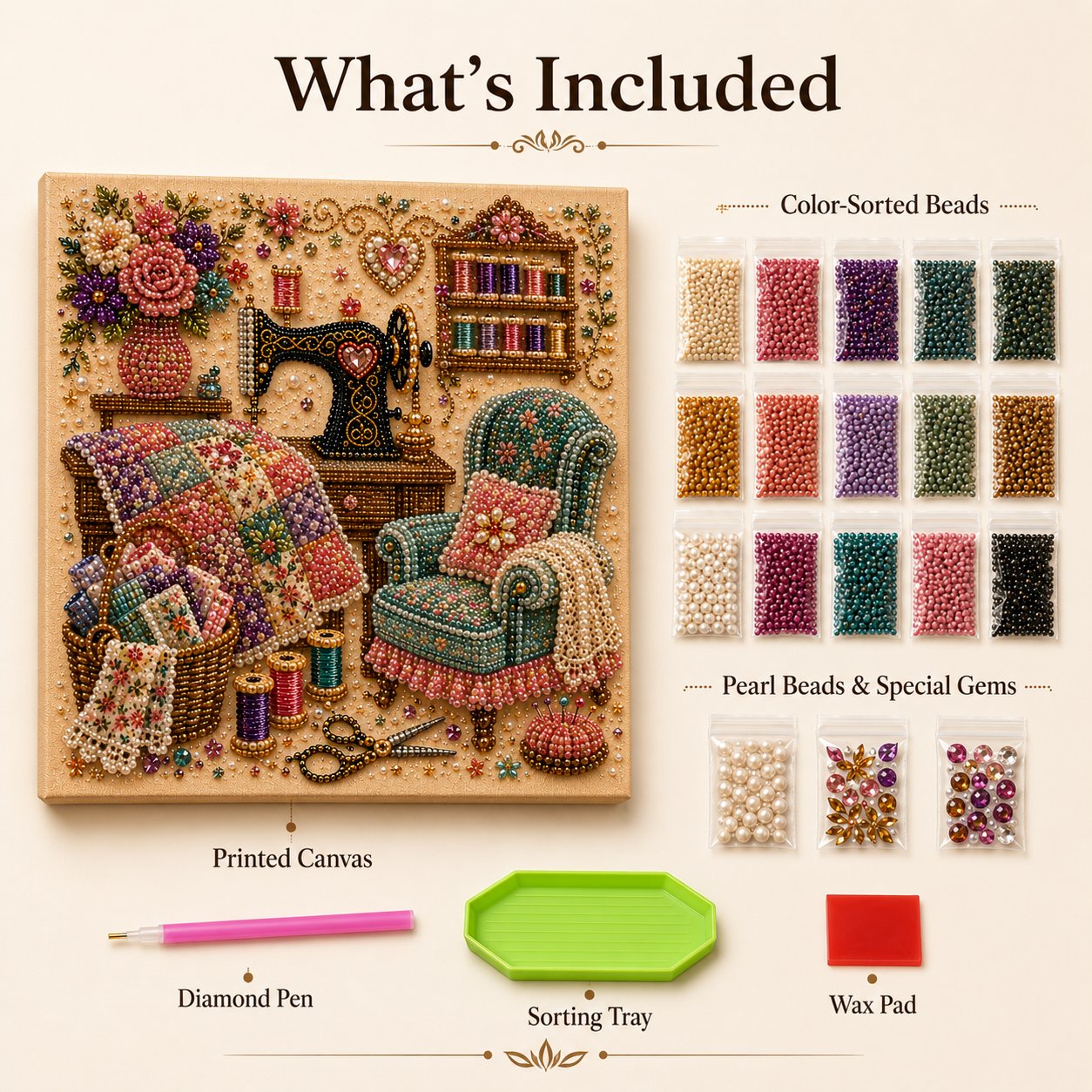 Diamond painting kit contents with printed canvas color-sorted beads pearl beads special gems pen tray and wax pad